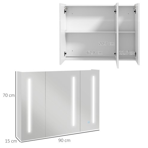 kleankin LED Lighted Bathroom Mirror Cabinet, Wall Mounted Bathroom Storage Cupboard with USB Charge, Adjustable Shelf, 90W x 15D x 70Hcm, High Gloss White