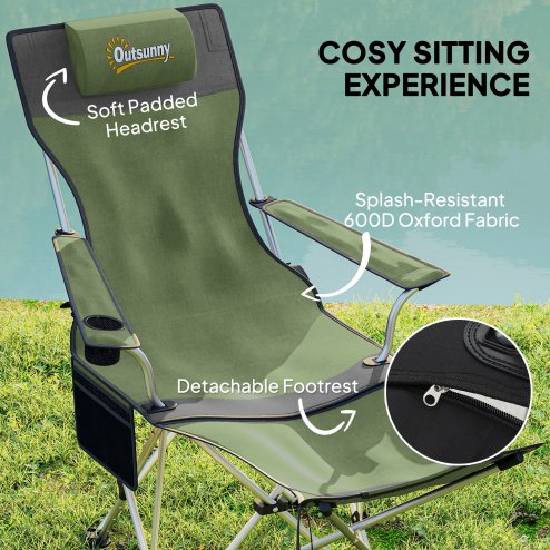 Outsunny Set of 2 Reclining Folding Camping Chair w/ Detachable Footrest, Storage Bag, Cup Holder & Headrest, Lightweight Portable Camp Chair for Beach, Picnic, Olive Green and Grey