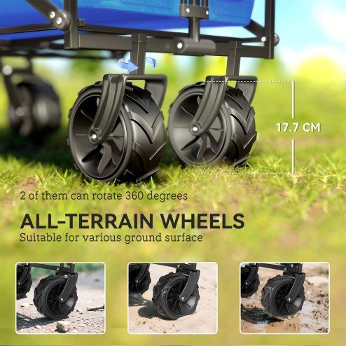 Outsunny 120L Festival Trolley on Wheels, Folding Camping Trolley Cart with Removable Canopy, All-Terrain Wheels, Adjustable Handle and Side Pockets for Garden Beach Fishing Shopping, Blue