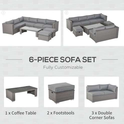 Outsunny 6 Pieces Rattan Garden Furniture Set, Wicker Garden Corner Sofa Set with 10cm Thickened Cushions, Aluminium Frame Conservatory Furniture with Glass Top Coffee Table, Footstools, Grey