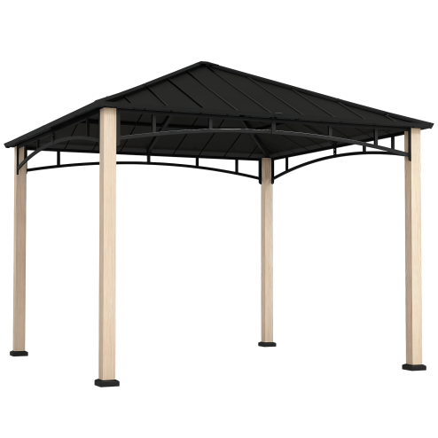 Outsunny 3 x 3(m) Hardtop Gazebo Canopy with Galvanised Metal Roof, Garden Gazebo Permanent Pavilion with Wood Grain Strong Columns and Top Hook for Patio, Deck