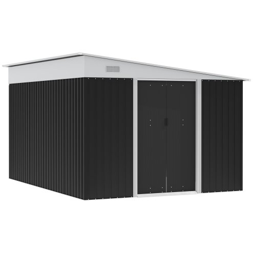 Outsunny 11.3 x 9.2ft Lean to Metal Garden Shed, Outdoor Galvanised Tool Storage House with Double Sliding Doors and 2 Air Vents, Black