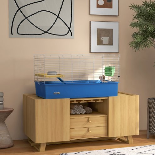 PawHut Guinea Pig Cage Chinchillas Rabbit Small Animal Cage with Ramp, Dish, Water Bottle, 99 x 52 x 53cm, Blue Image