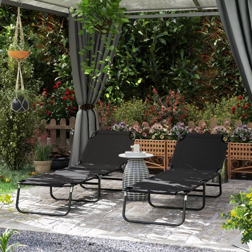 Outsunny Foldable Sun Lounger Set of 2 with 5-Position Adjustable Backrest, Outdoor Portable Recliner Chaise Lounge Chair with Breathable Mesh Fabric, Black