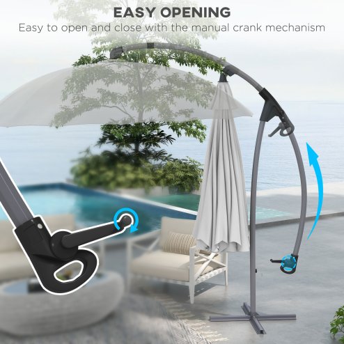 Outsunny 2.7m Cantilever Parasol with Cross Base, Banana Parasol with Crank Handle and 16 Fibreglass Ribs, Round Hanging Patio Umbrella for Outdoor Pool, Garden, Balcony, Grey