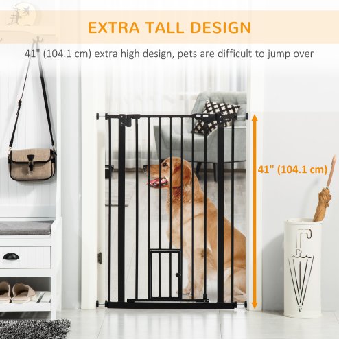 PawHut Extra Tall Dog Gate with Cat Flap, Pet Safety Gate for Doorways Stairs with Auto Close Double Locking, 104 cm Tall 74-101 cm Wide, Black