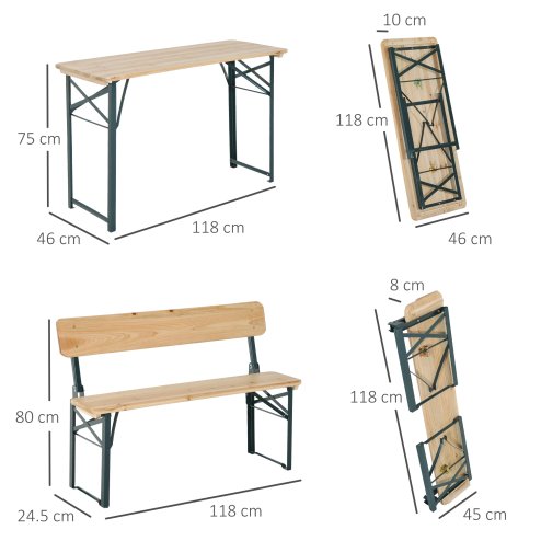 Outsunny Portable Folding Camping Picnic Trestle Beer Table and 2 Bench Set Wooden Garden Furniture Patio Dining Party BBQ Chairs Stools