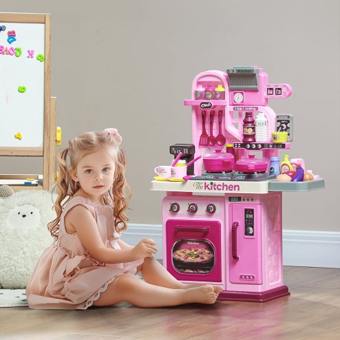 AIYAPLAY Kids Kitchen, Toy Kitchen, Toddler Pretend Play Kitchen with 33-Piece Accessories, Lights, Sounds, for Ages 3-6 Years, Pink