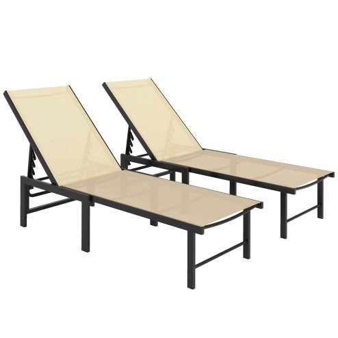 Outsunny Sun Loungers for Garden Set of 2, 5-Level Adjustable Reclining Sun Lounger Chairs, Flat Garden Lounger Sunbed with Texteline Seat, Steel Frame for Patio, Beach, Khaki