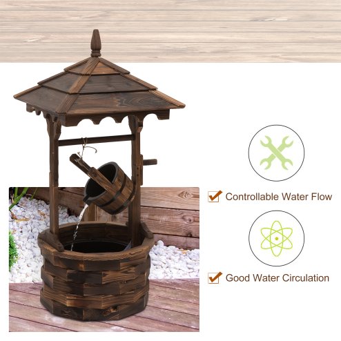 Outsunny Wooden Garden Wishing Well Fountain Barrel Waterfall Rustic Wood with Pump Garden D??cor Ornament