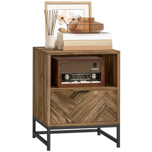 HOMCOM Bedside Table with Drawer and Shelf, Side End Table with Steel Legs for Living Room, Bedroom, Brown Wood Effect