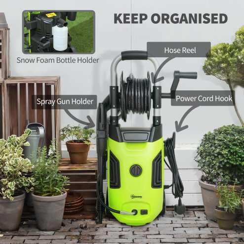 Outsunny 1800W High Pressure Washer, 150 Bar Pressure, 420 L/h Flow, Portable Power Washer Jet Wash Cleaner with Adjustable Nozzle, 6M Hose, Hose Reel, Steel Handle for Home Patio Car Driveway, Green