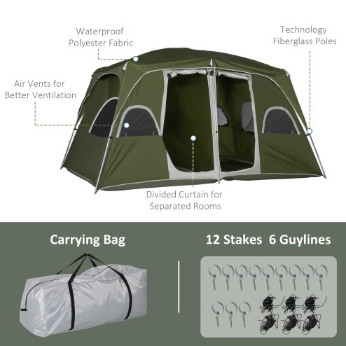 Outsunny 2 Room Camping Tent, Family Tent 4-8 Person with Large Mesh Windows, Easy Set Up for Backpacking Hiking Outdoor, Green