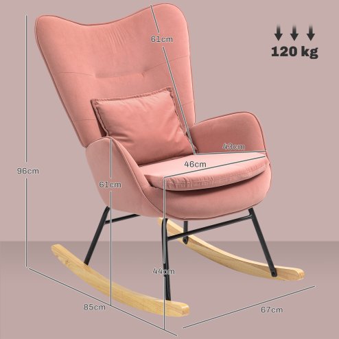 HOMCOM Velvet Rocking Chair with Lumbar Pillow, Rocker Armchair with Metal Legs and Wood Base for Living Room, Bedroom, Pink