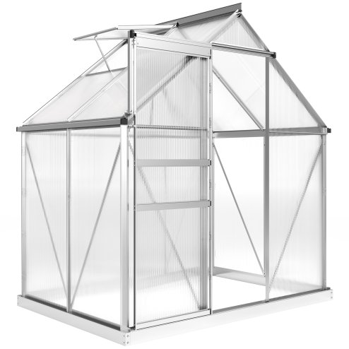 Outsunny Polycarbonate Greenhouse, Small Greenhouse with Adjustable Roof Vent, Garden Green House with Galvanised Base, Sliding Door and Rain Gutter, 192.5 x 131 x 200 cm, Silver Tone