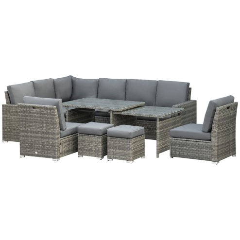Outsunny 10 Seater Rattan Dining Set with Expandable Table and Nesting Chairs, Rattan Garden Furniture Set with Cushions, Outdoor Dining Table and Chairs, Sectional Corner Sofa Set, Grey