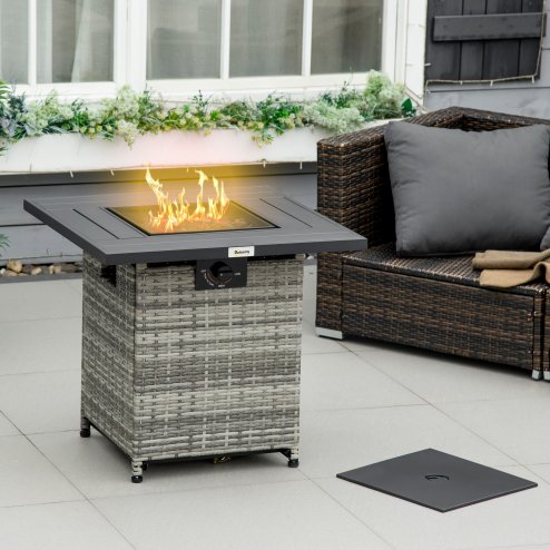 Outsunny Outdoor PE Rattan Gas Fire Pit Table, Patio Square Propane Heater with Rain Cover, Mesh Lid and Lava Stone, 40,000 BTU, Mixed Grey Image