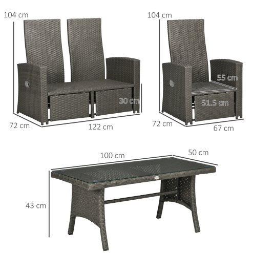 Outsunny 4 Piece Rattan Garden Furniture Set with Adjustable Backrest, Wicker Outdoor Furniture Sofa Set with Loveseat, Reclining Armchairs, Thickened Cushions and Glass Top Table, Grey