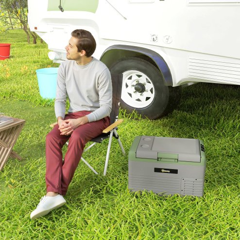 Outsunny 30L Car Refrigerator, Portable Compressor Car Fridge Freezer, Electric Cooler Box with 12/24V DC and 110-240V AC for Camping, Driving, Picnic, Down to -20°C, Light Green and Grey