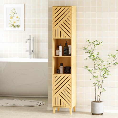 HOMCOM Tall Bathroom Cabinet with Bamboo Doors and Legs, Slim Bathroom Storage Cabinet, Freestanding Storage Cupboard with Open Compartments, Adjustable Shelves, 32 x 30 x 170 cm, Natural Wood Finish