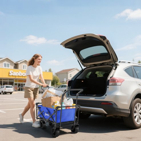 Outsunny 120L Festival Trolley on Wheels, Folding Camping Trolley Cart with Removable Canopy, All-Terrain Wheels, Adjustable Handle and Side Pockets for Garden Beach Fishing Shopping, Blue