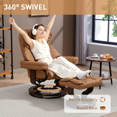 HOMCOM 360° Swivel Recliner Chair with Footstool, PU Leather Manual Recliner Armchair with Footstool, Solid Wood Base, Upholstered Reclining Chair for Living Room, Bedroom, Office, Brown