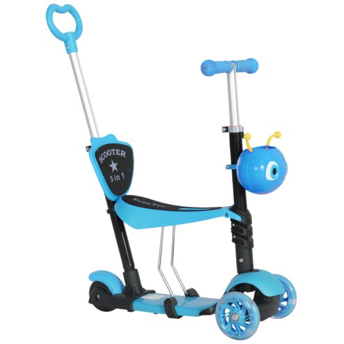 HOMCOM 5 in1 Kids  Scooter 3 Wheel Toddler scooter Kick Scooter with Adjustable Handlebar, Removable Seat & Back Rest for 18 Month+, Blue Image