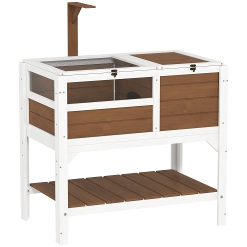 PawHut Tortoise House w/ Shelf, Small Pet Reptile Wooden House w/ Hide Shelter Den and Run, Lamp Holder, Tray, for Indoors, Outdoors - Brown