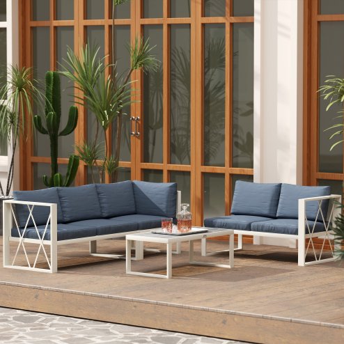 Outsunny 4 Piece L Shaped Garden Furniture Set with 5-Level Adjustable Lounger, 5 Seater Sectional Outdoor Sofa Set with 2 Loveseats, Corner Chair, DPC Coffee Table and Removable Thick Cushions, Grey