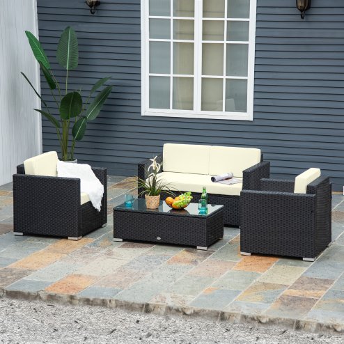 Outsunny 4 Pieces Outdoor PE Rattan Sofa Set with Cushions, Patio Wicker Conversation Furniture Set with Glass Top Coffee Table, Black