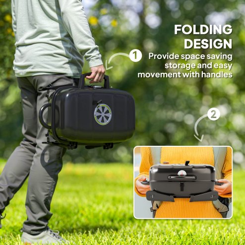 Outsunny Charcoal Barbecue Grill Folding BBQ Grill with 1232 cm? Cooking Area, Adjustable Vent, Thermometer, Handles for Camping Picnic, Black