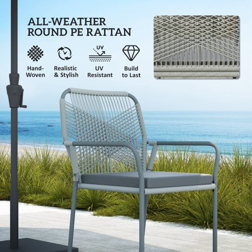Outsunny 5 Piece Wicker Garden Dining Set, PE Rattan Garden Furniture Set with 4 Stackable Chairs, Tempered Glass Top Table and Cushions, Outdoor Table and Chairs for Patio, Conservatory, Light Grey
