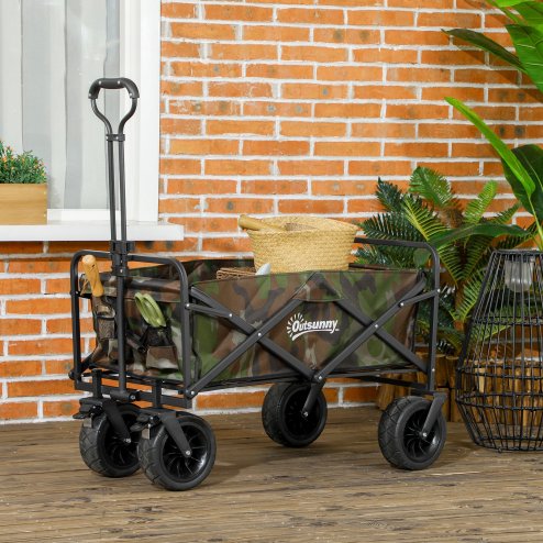 Outsunny 100KG Festival Trolley on Wheels, Folding Camping Trolley Cart with Telescopic Handle, Carry Bag and All-Terrain Big Wheels, for Garden Beach Fishing, Camouflage