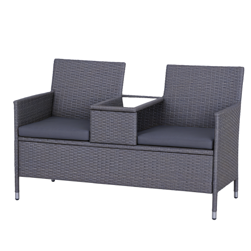Outsunny 2 Seater Rattan Sofa with Cushions, Wicker Garden Loveseat with Armrests, Outdoor Garden Sofa Couch with Metal Frame for Patio, Mixed Grey