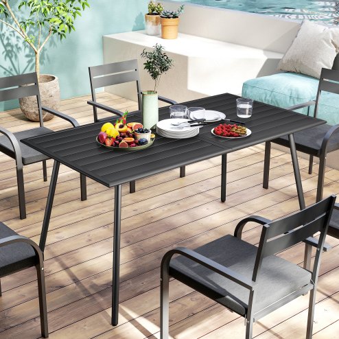 Outsunny Garden Dining Table for 6 Person, Rectangle Outdoor Table with Easy Clean Slat Top, Rust Resistant Steel Frame, for Terrace, Balcony, 150 x 80 x 74 cm, Black