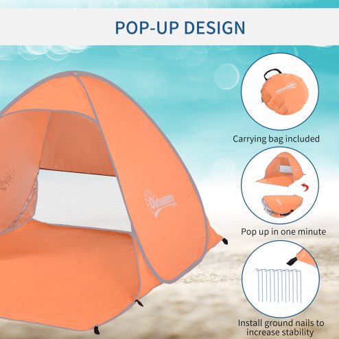 Outsunny Pop up Beach Tent, UV 30+ Portable Sun Shelter with Carry Bag, 2x1.5m for 2-3 Person, Orange