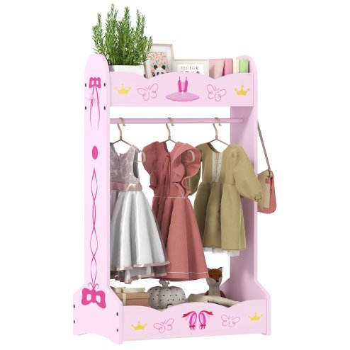 AIYAPLAY Wooden Kids Clothes Rail, Dress Up Rail with Top, Bottom Storage Shelves, for 3 Years+, 70 x 37 x 103cm, Pink Image