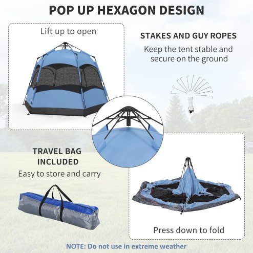 Outsunny Double Layer Pop Up Tent with Rainfly, Hexagon 4 Man Dome Tent, Portable Camping Shelter with Sewn-in Groundsheet and Carry Bag, for Festival Backpacking Road Trips, Blue