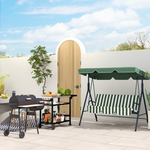 Outsunny Outdoor Grill Dining Cart with Foldable Side table, Stainless Steel Top, Portable BBQ Trolley with 2 Wheels, 6 Hooks, 3-Shelf Movable Food Prep Pizza Oven Table for Kitchen, Patio, Garden