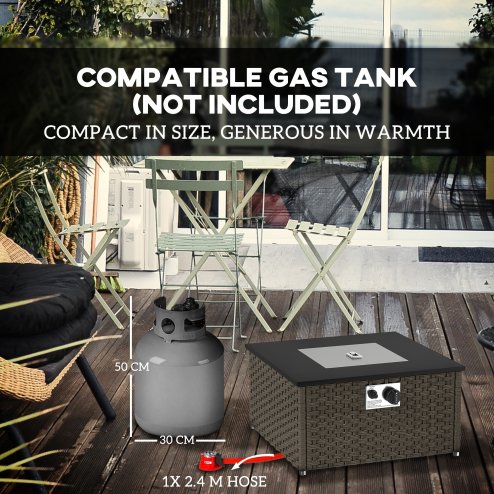 Outsunny Rattan Gas Fire Pit Table for Garden, 13 KW Smokeless Propane Fire Pit with Lid, Square Garden Coffee Table with Patio Heater for Outdoor, Patio, 58 x 58 x 33 cm, Grey