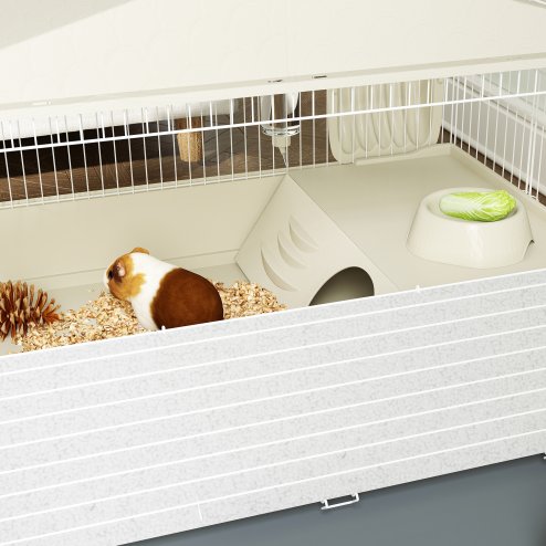 PawHut Guinea Pig Cage with Removable Pet Playpen, Waterproof Pad, Hay Feeder, Water Bottle, Food Dish, Hideaway, Balcony, Soft-Covered Ramp, Wheels, Small Animal Cage for Guinea Pig, Hedgehog