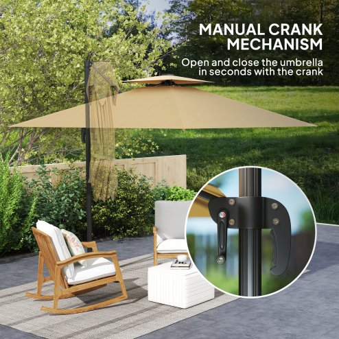 Outsunny 2.5m Cantilever Parasol with Solar Powered LED Lights, Double Top Square Overhanging Garden Parasol with 360 Rotation, Tilt Adjustment, Crank Handle, Khaki