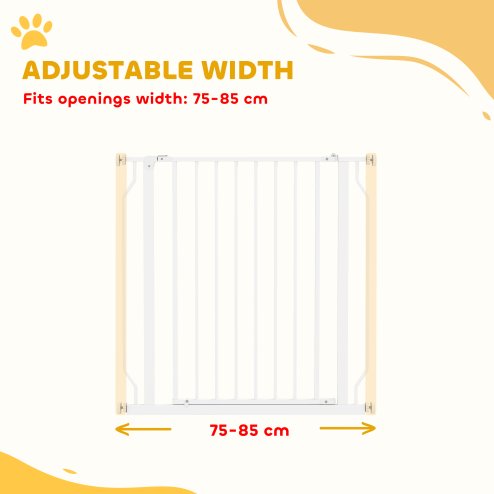 PawHut Dog Gate Wide Stair Gate w/ Door Pressure Fit Pets Barrier for Doorway, Hallway, 76H x 75-85W cm - White
