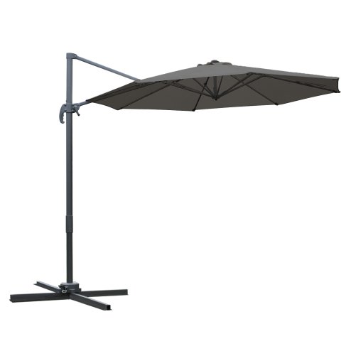 Outsunny 3(m) Patio Offset Parasol Roma Umbrella Cantilever Hanging Sun Shade Canopy Shelter Tilt 360 Rotation with Aluminium Frame Hand Crank Cross Base, Dark Grey