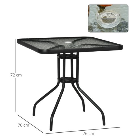 Outsunny 76 cm Square Dining Table with Parasol Hole, Outdoor Coffee End Side Table with Tempered Glass Top, Steel Frame for Garden, Patio, Black