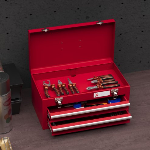 DURHAND 2 Drawer Tool Chest, Lockable Metal Tool Box with Ball Bearing Runners, Portable Toolbox, 460mm x 240mm x 220mm, Red