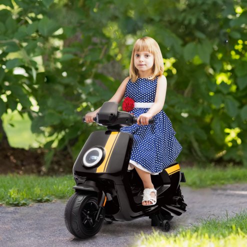 AIYAPLAY 6V Kids Electric Motorbike, Ride on Motorbike with Headlight, Music, Forward Reverse, Training Wheels, for Ages 18-36 Months, Black