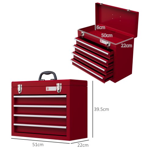 DURHAND 4 Drawer Tool Chest, Lockable Metal Tool Box with Ball Bearing Runners, Portable Toolbox, 510mm x 220mm x 395mm, Red