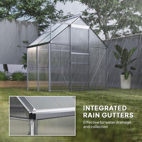 Outsunny Polycarbonate Greenhouse, Small Greenhouse with Adjustable Roof Vent, Garden Green House with Galvanised Base, Sliding Door and Rain Gutter,  192.5 x 131 x 200 cm, Silver Tone