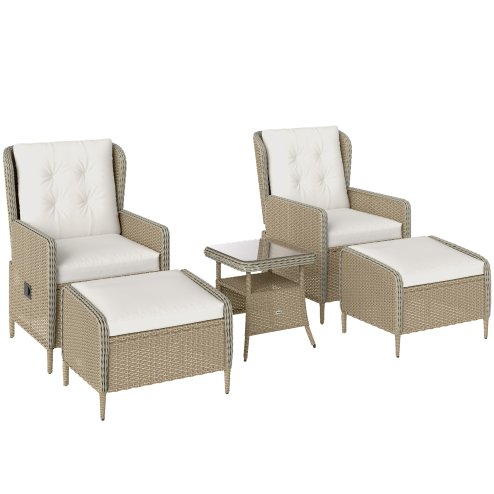 Outsunny 5 Piece Rattan Garden Furniture Set with Recliner Chairs, Wicker Patio Conversation Set with Footstools, 2-Tier Glass Top Coffee Table, Cushions for Outdoor, Balcony, Porch, Light Grey